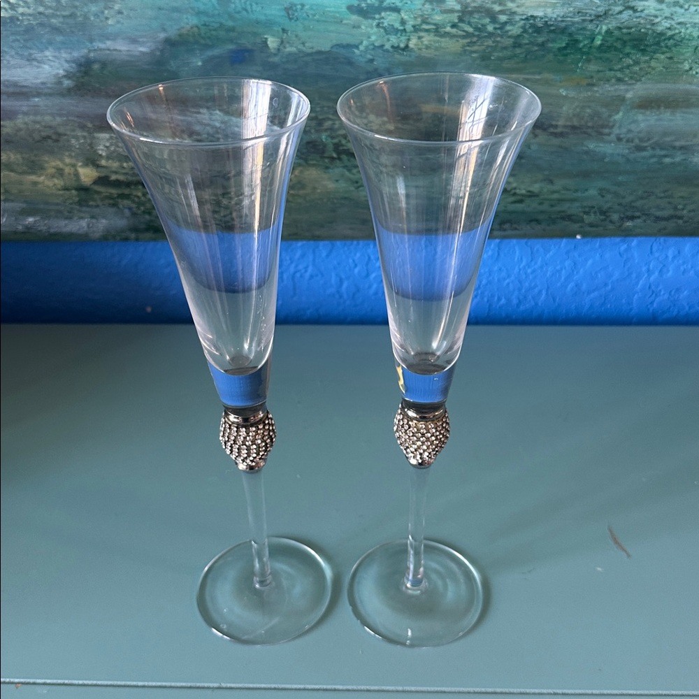 2 Elegant Glass Champagne Flutes with Silver Crystal  Accents